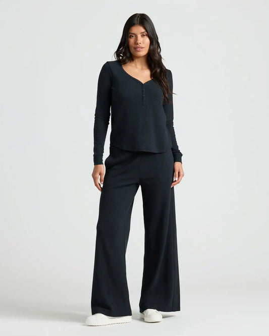 Womens Black Waffle Long Sleeve Henley & Waffle Leg Pant 2-Pack